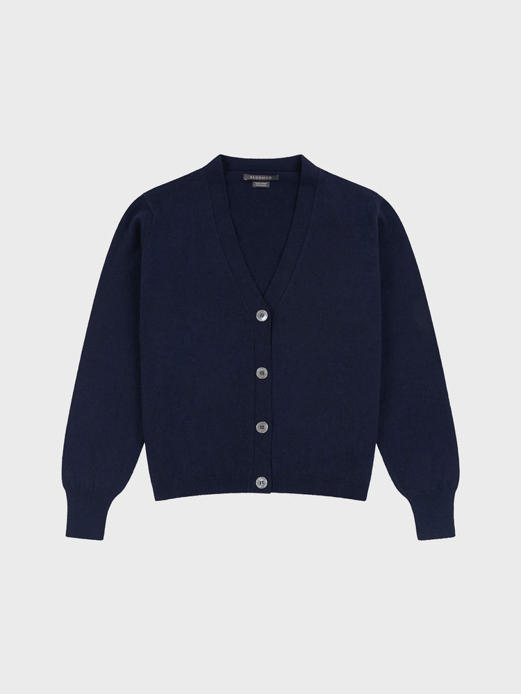 navy blue cashmere vneck cardigan with pearl buttons on a grey background