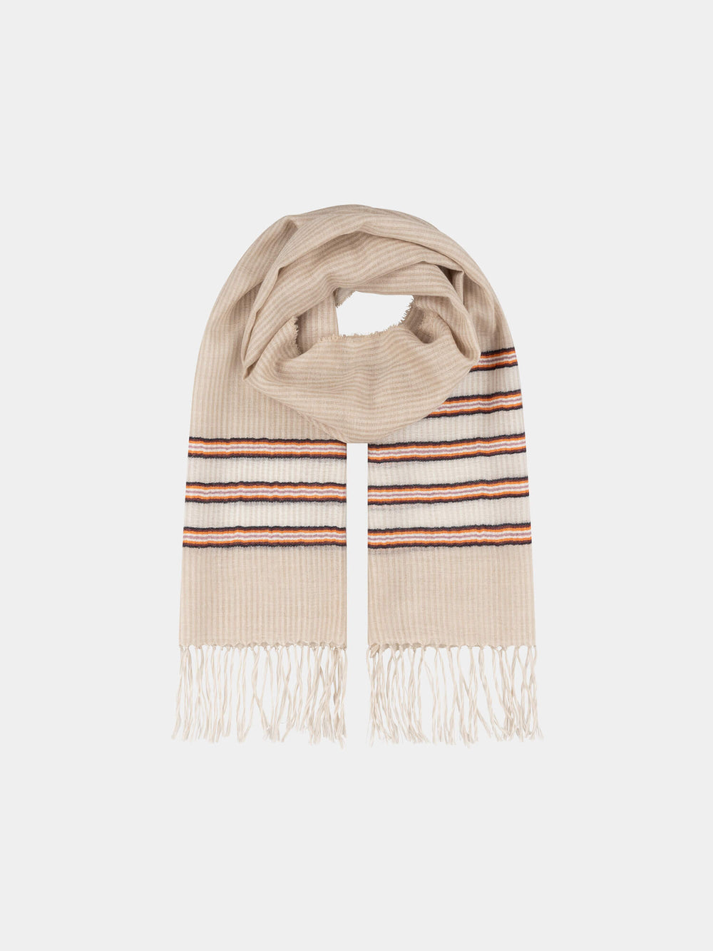 beige scarf with orange stripes on a grey background