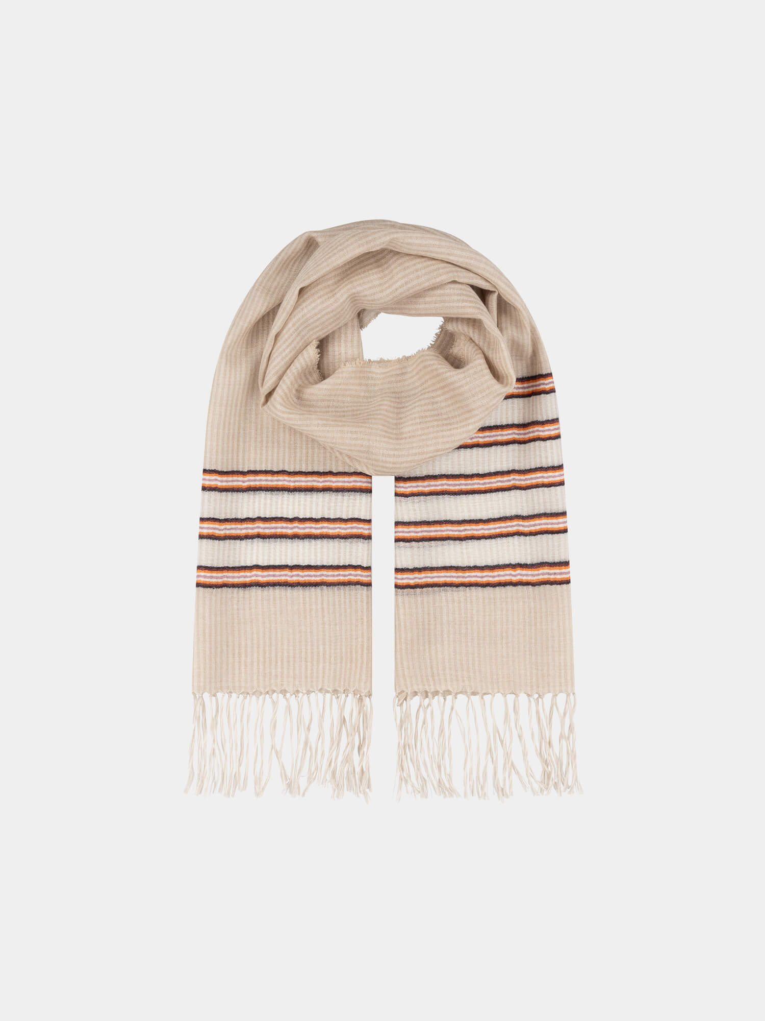 beige scarf with orange stripes on a grey background