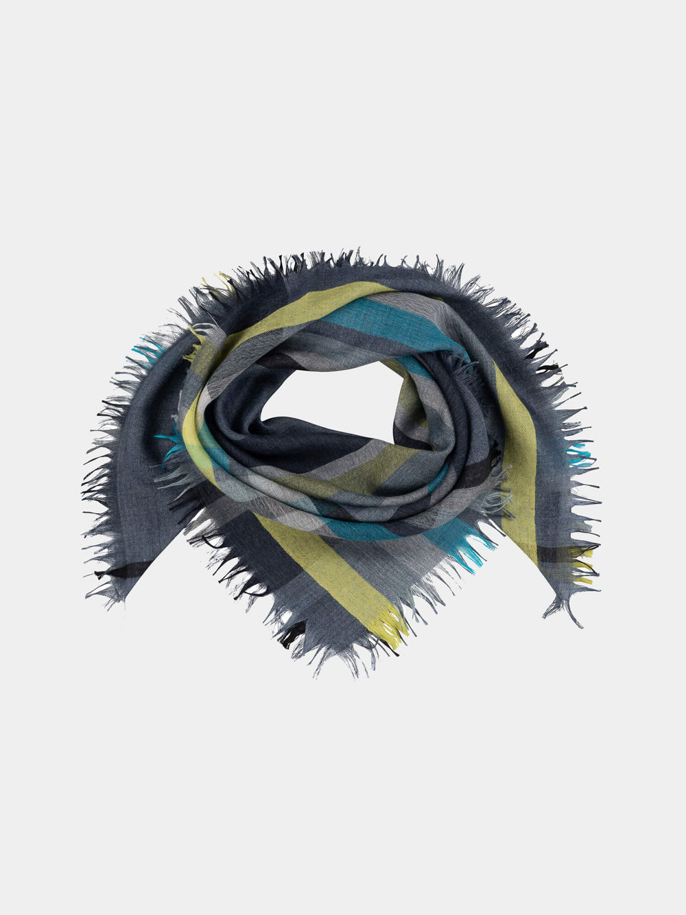 square scarf with grey, blue and yellow check design on a grey background