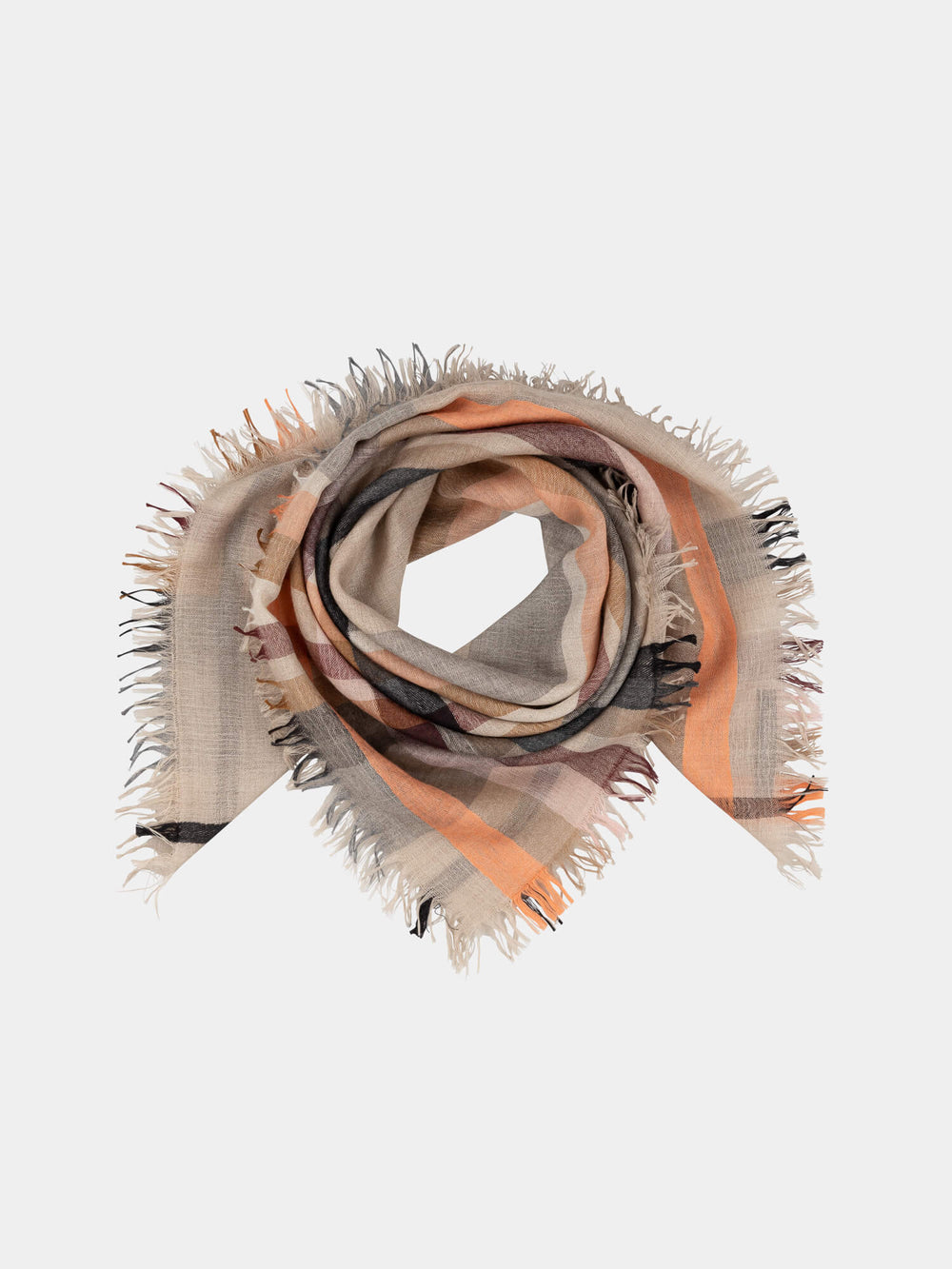 square scarf with orange and beige check on a grey background