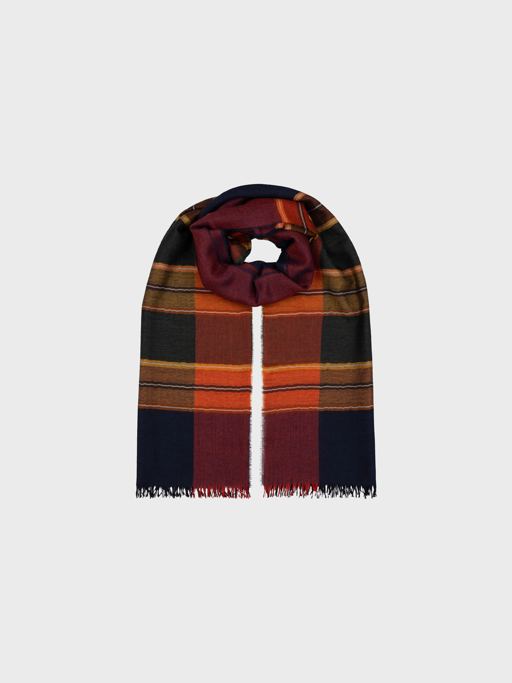 Plaid scarf with red, orange, and black colors on a white background