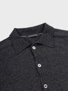 lightweight mens dark grey cashmere cardigan with collar and mother of pearl buttons on a grey background