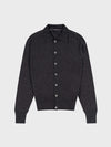 lightweight mens dark grey cashmere cardigan with collar and mother of pearl buttons on a grey background