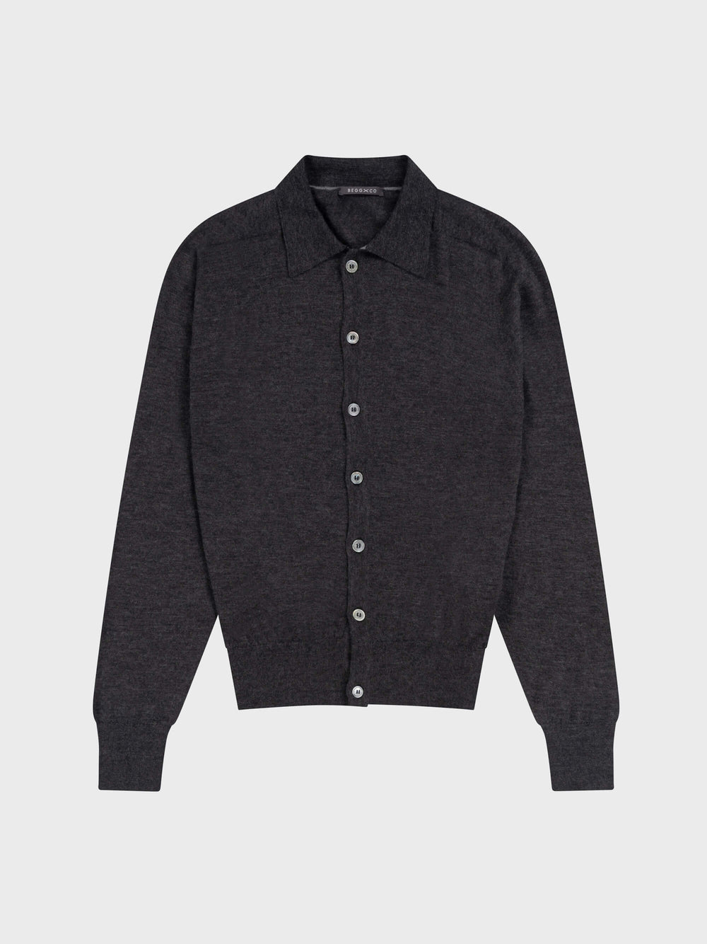 lightweight mens dark grey cashmere cardigan with collar and mother of pearl buttons on a grey background
