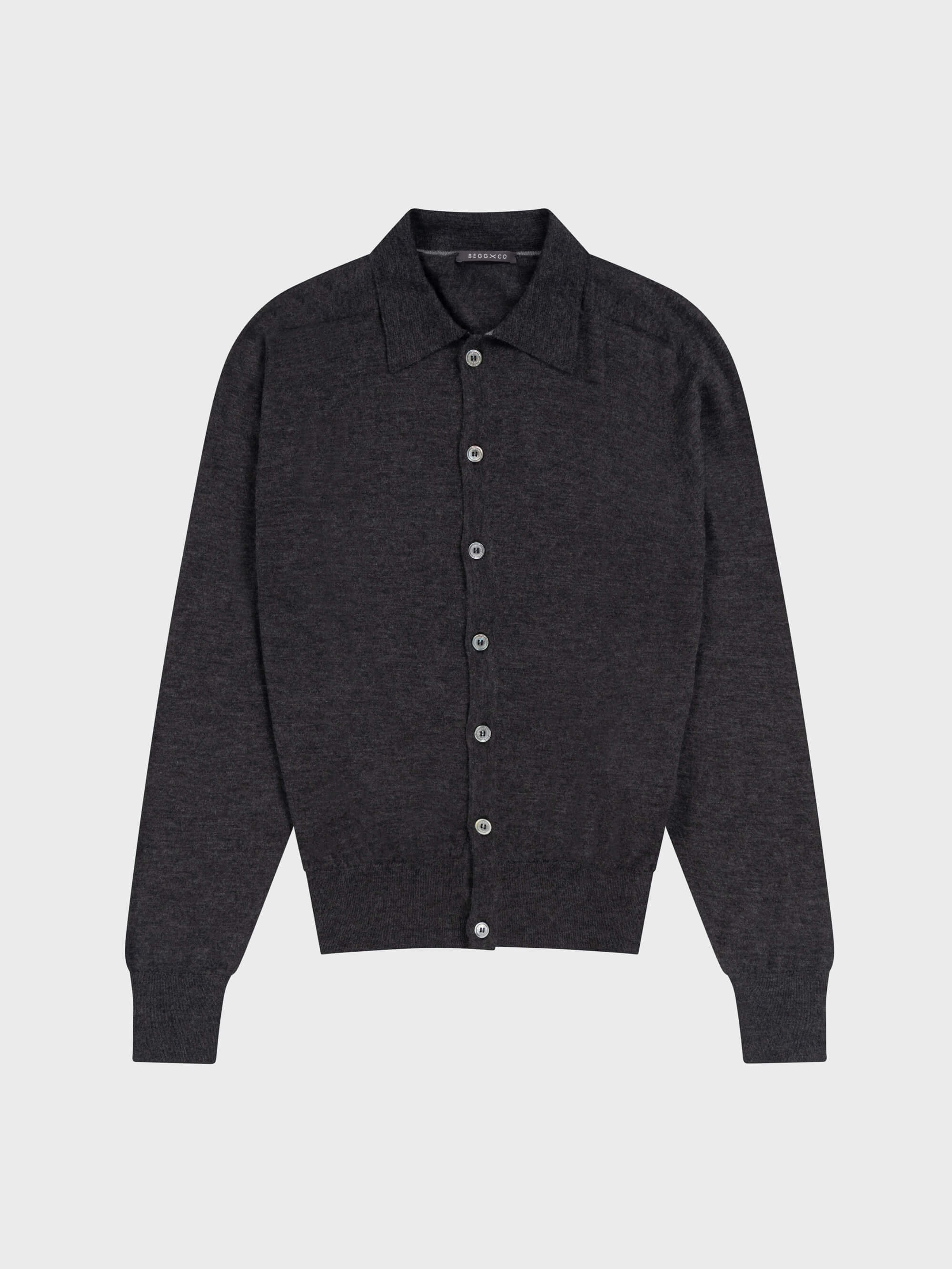 lightweight mens dark grey cashmere cardigan with collar and mother of pearl buttons on a grey background