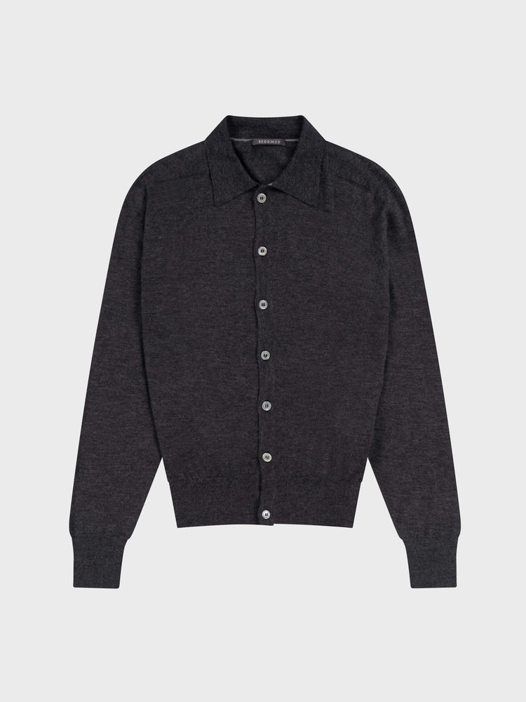 lightweight mens dark grey cashmere cardigan with collar and mother of pearl buttons on a grey background