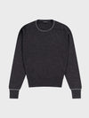 mens dark grey cashmere crewneck sweater with light grey piping details on a grey background