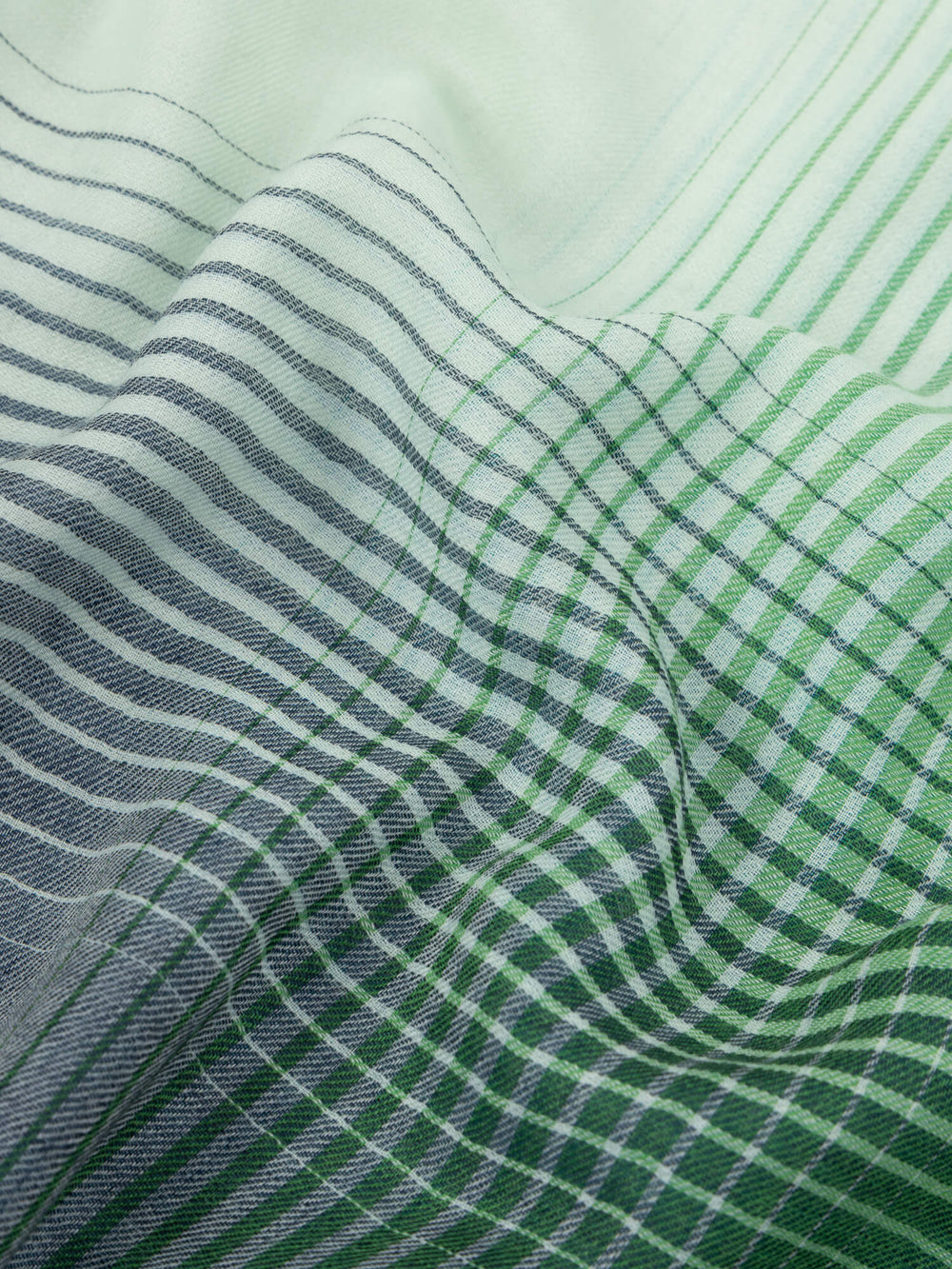 close up of mint green cashmere scarf with blue and green gradient check design