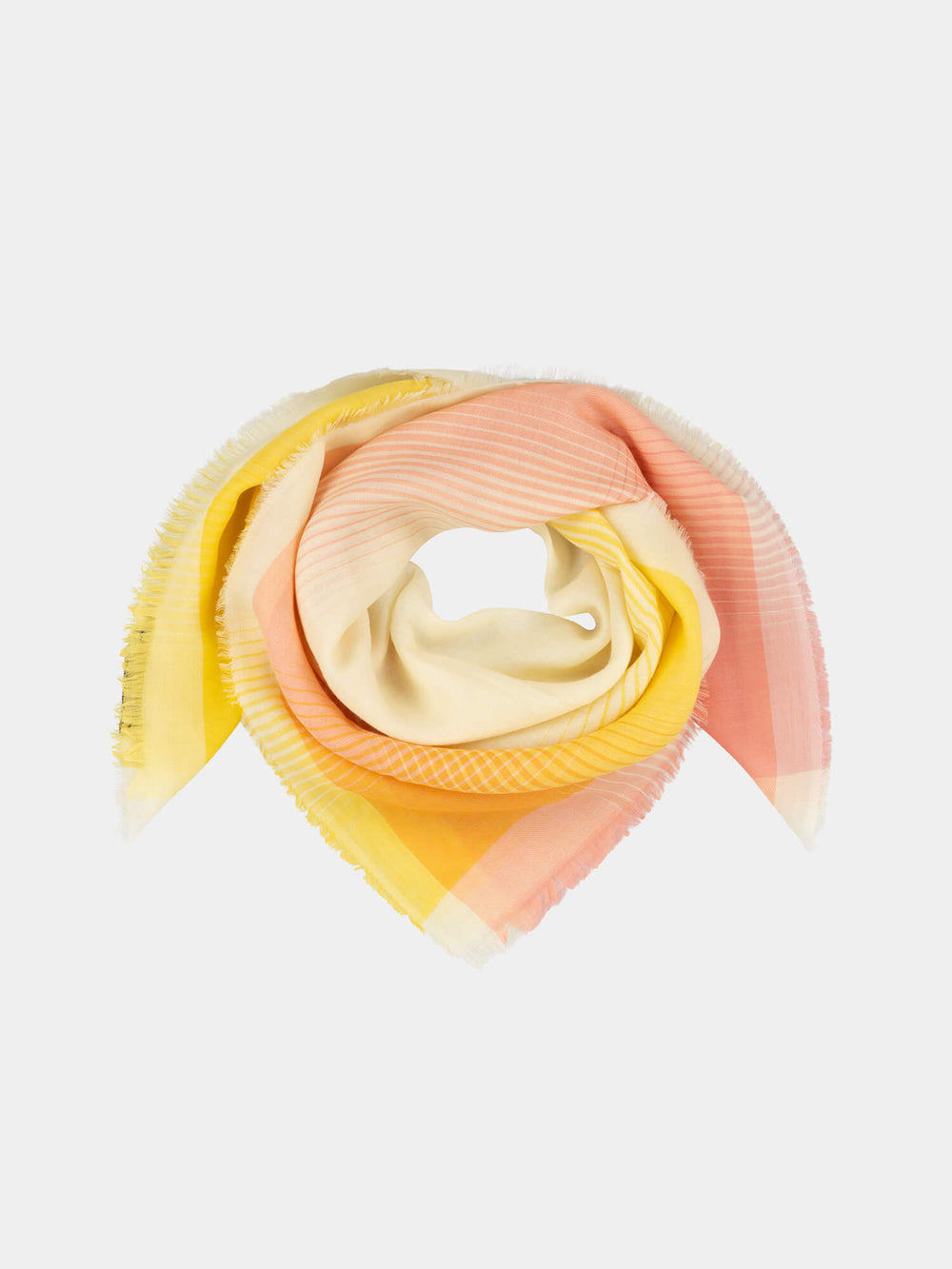 orange and yellow square cashmere scarf with a gradient check design on a grey background