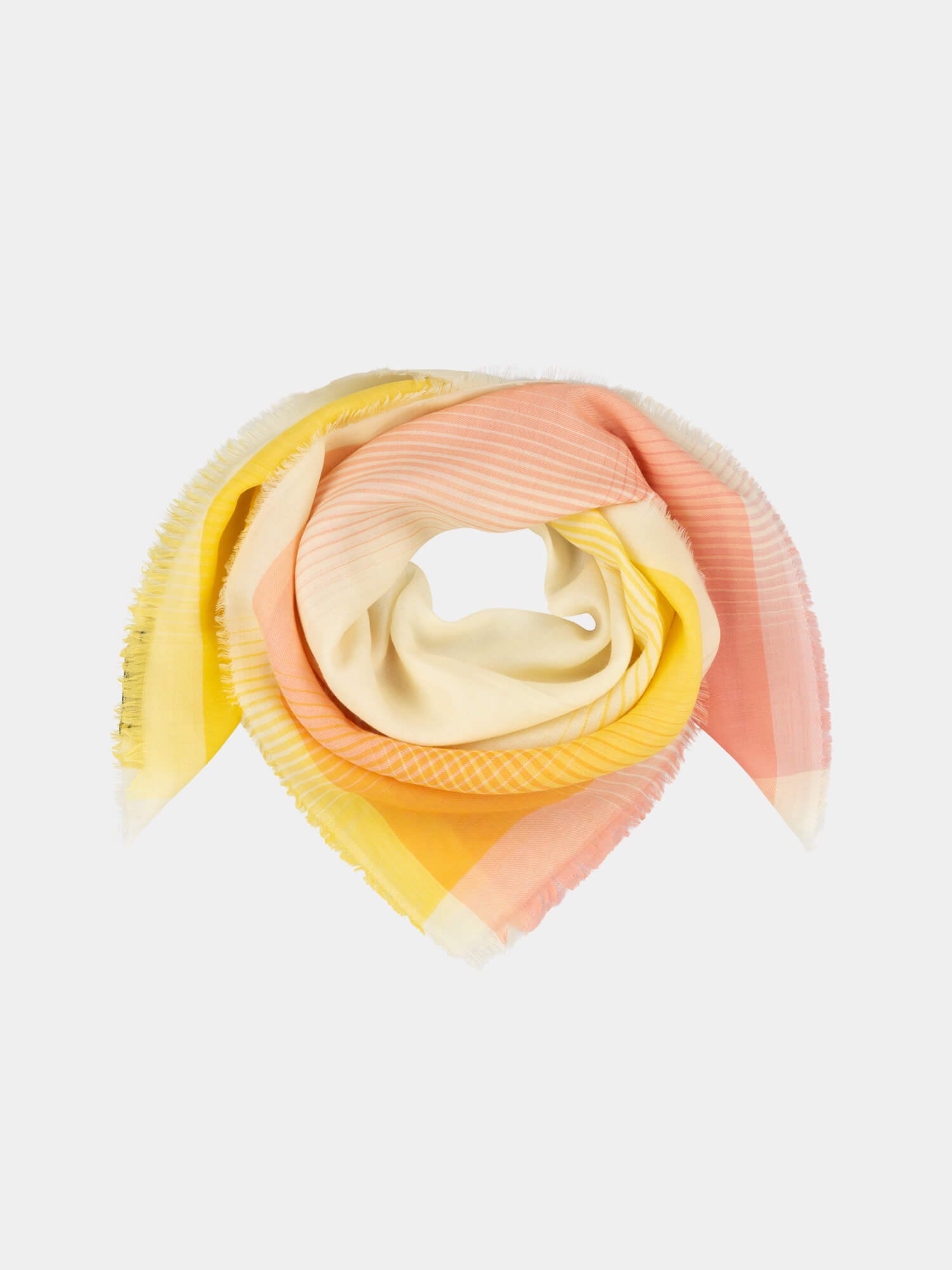 orange and yellow square cashmere scarf with a gradient check design on a grey background