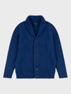 chunky ribbed blue cashmere shawl collar cardigan on a grey background