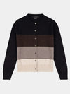 Color-blocked cashmere cardigan with black, brown, beige, and gray sections on a white background.