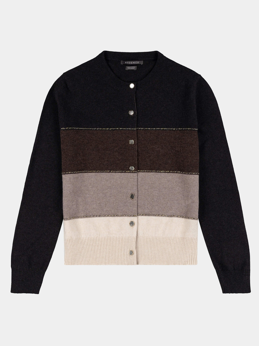 Color-blocked cashmere cardigan with black, brown, beige, and gray sections on a white background.