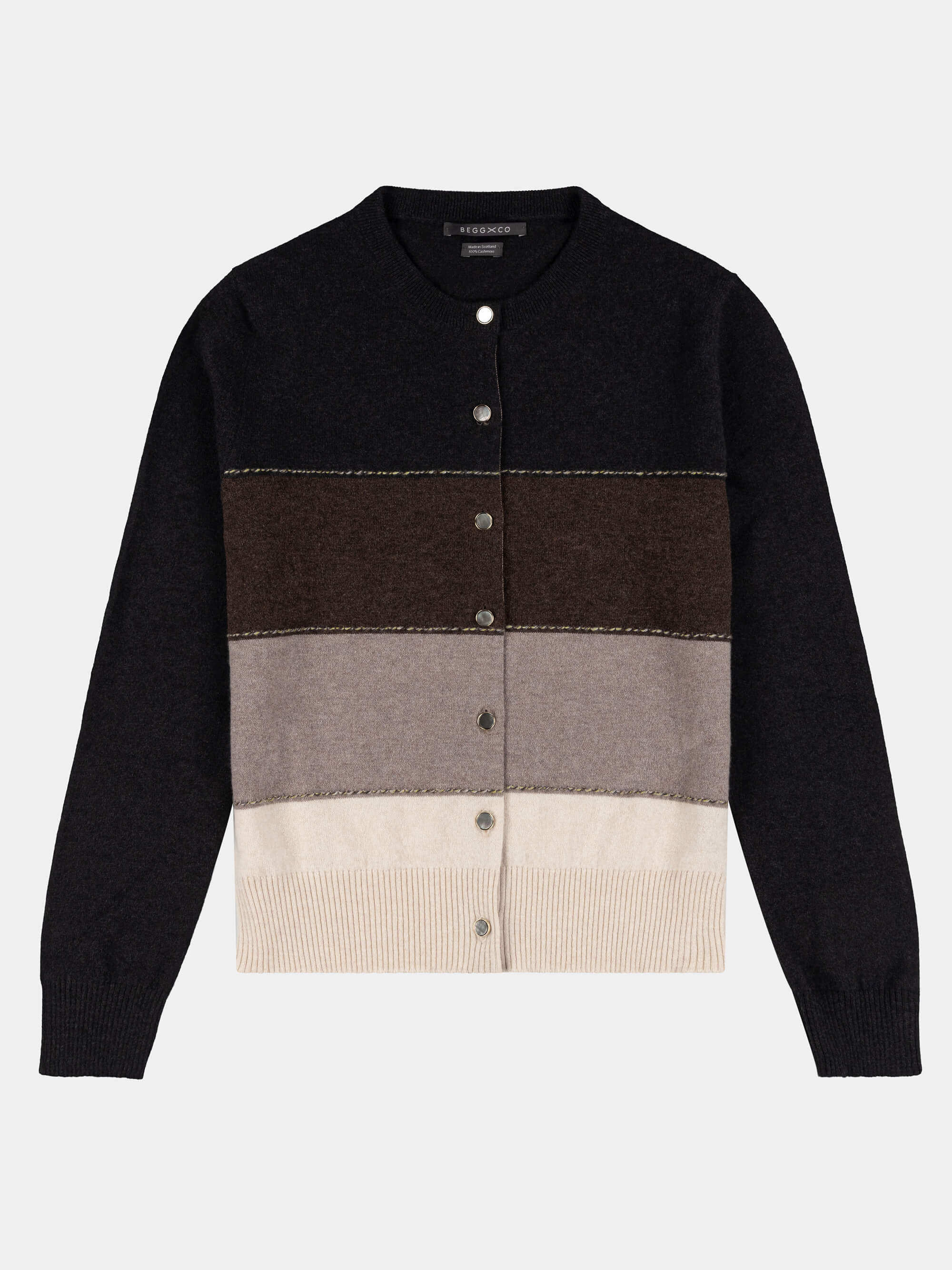 Color-blocked cashmere cardigan with black, brown, beige, and gray sections on a white background.