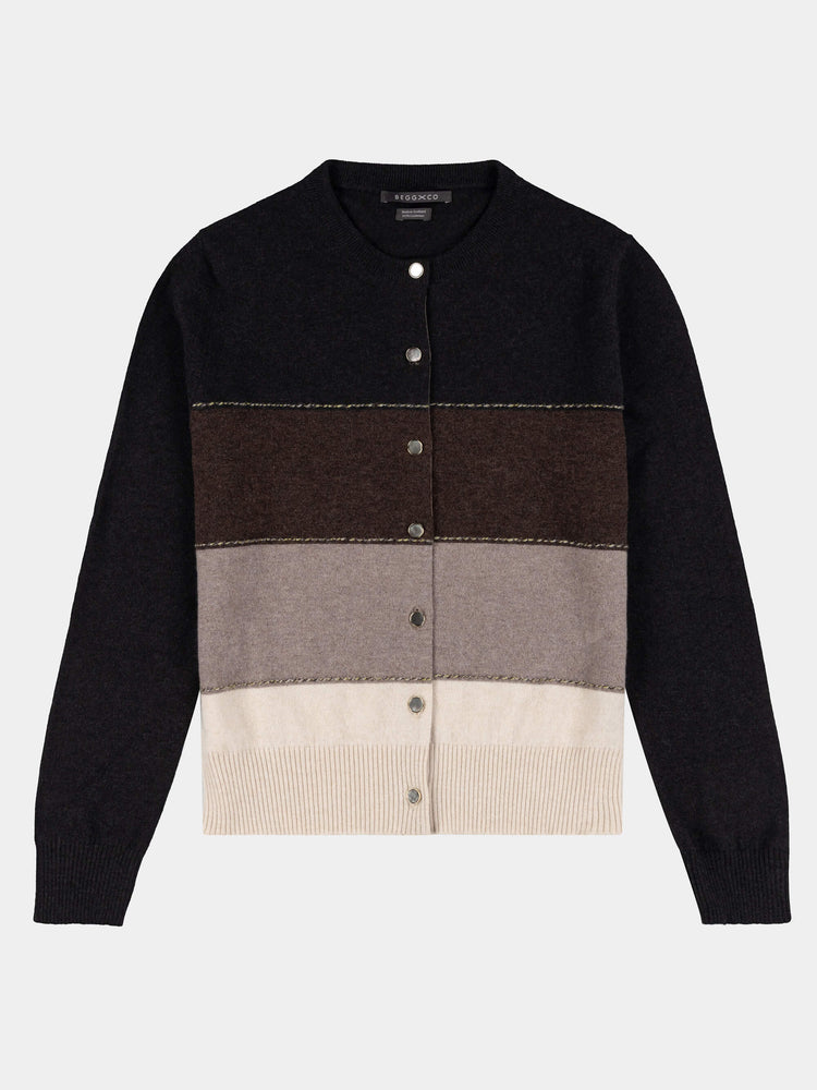 Color-blocked cashmere cardigan with black, brown, beige, and gray sections on a white background.