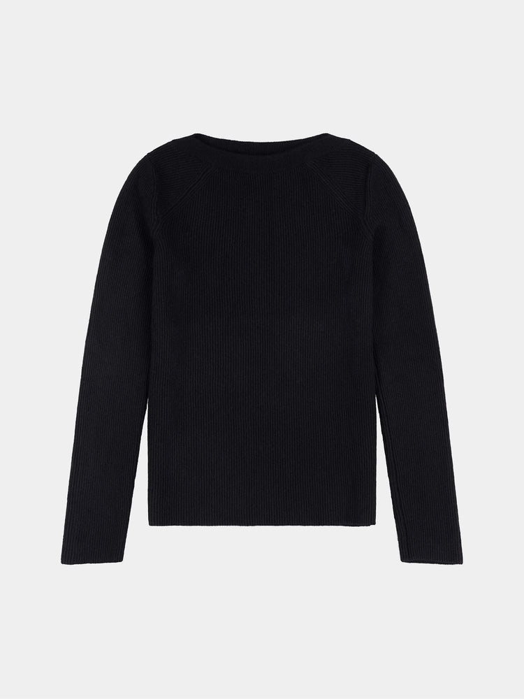Black long-sleeve cashmere top on a light gray background