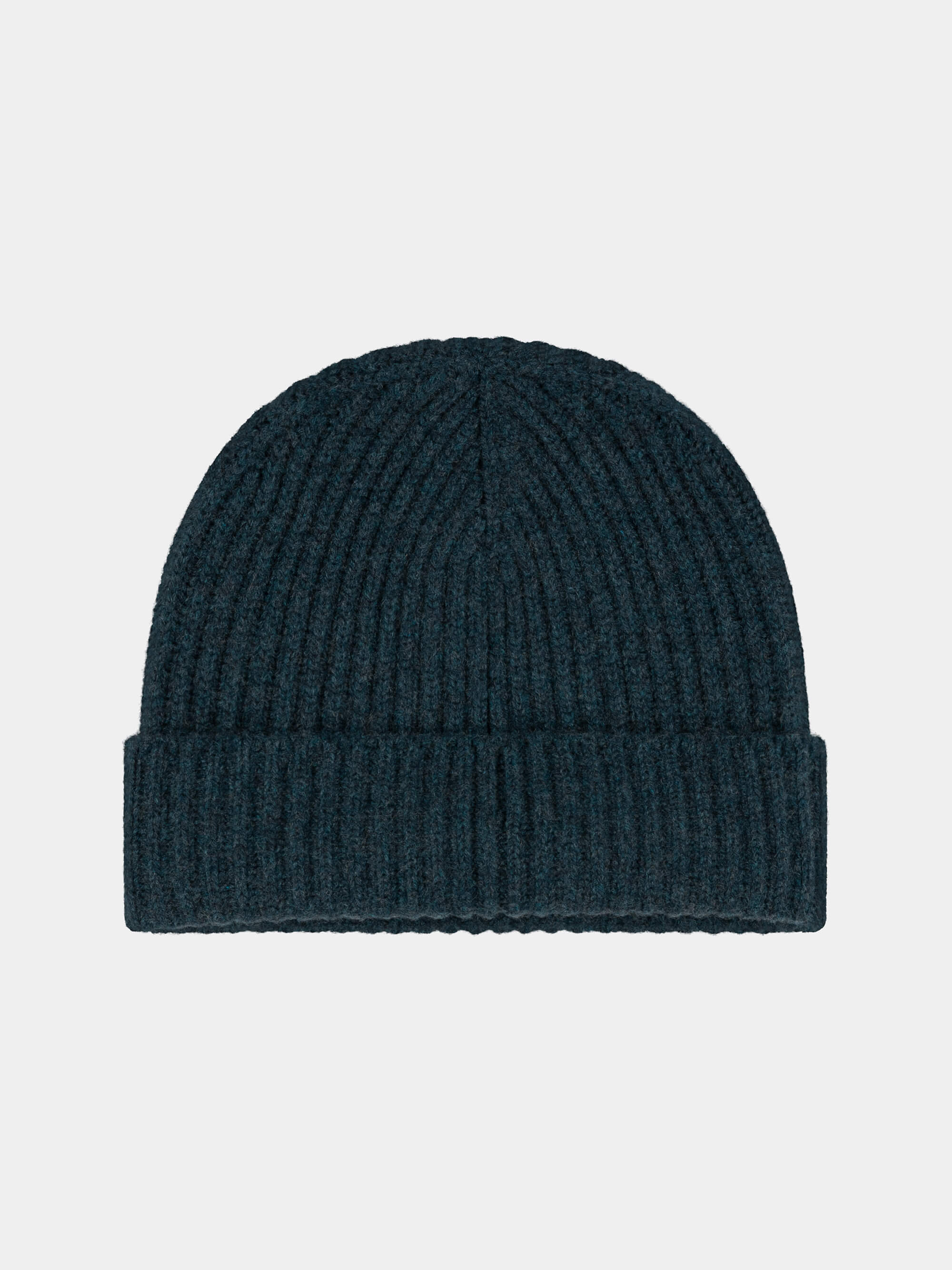 Dark green cashmere knit beanie on a light gray background