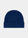 Blue knit cashmere beanie on a light gray background