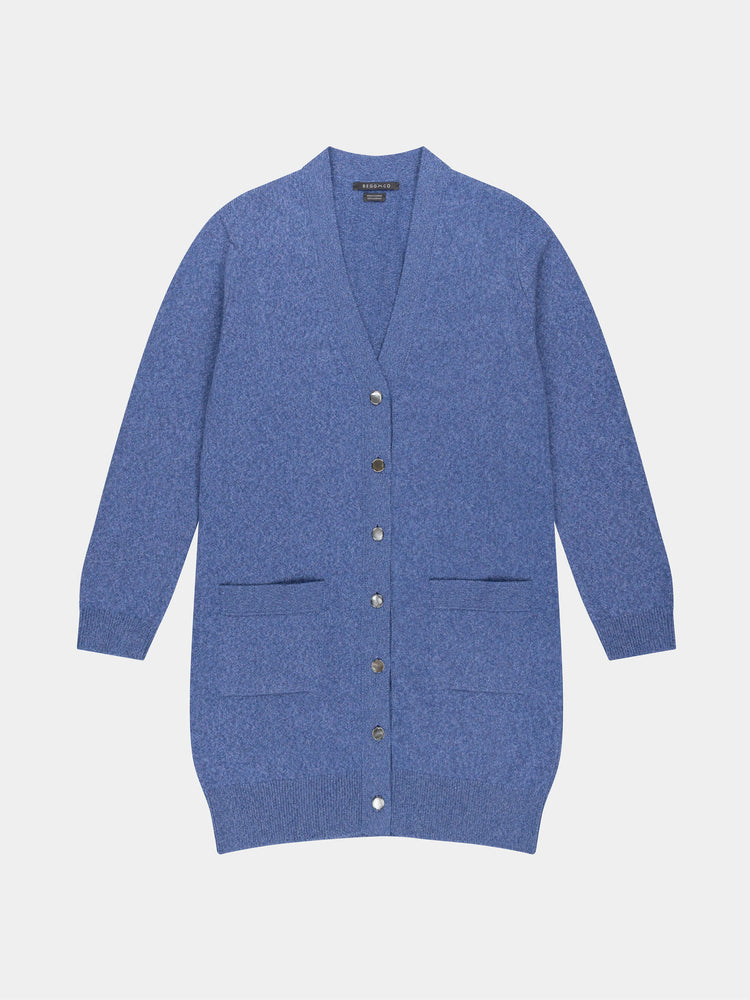 long blue cashmere cardigan on a light gray background
