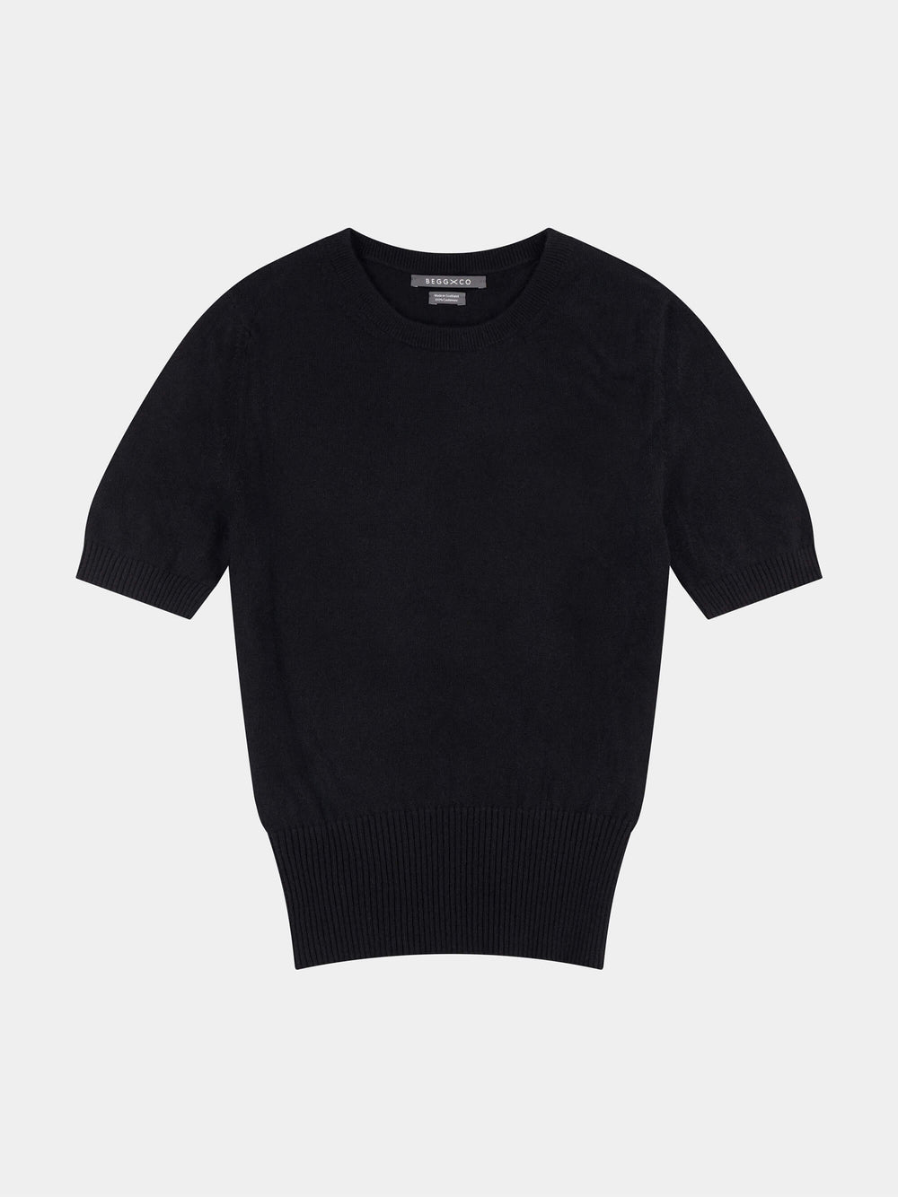 Black short-sleeve cashmere t-shirt on a light gray background
