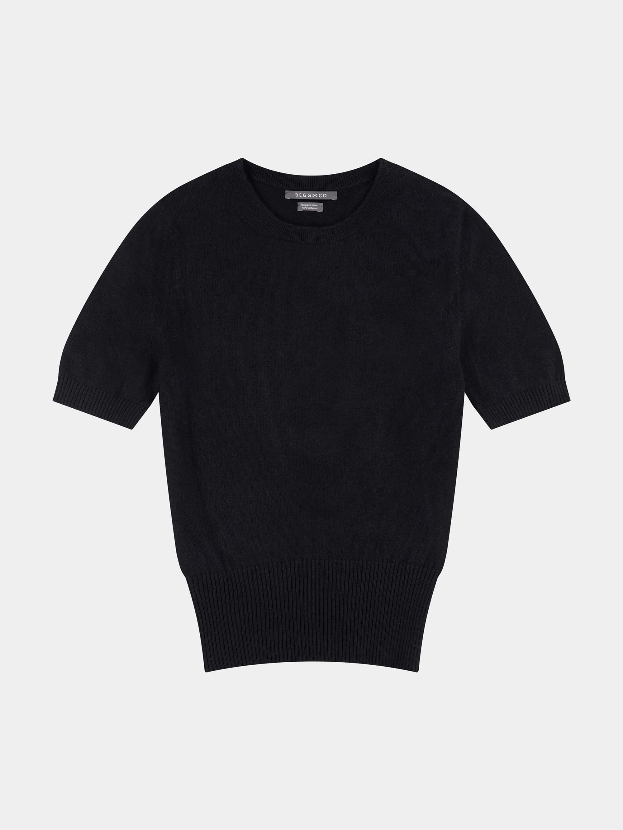 Black short-sleeve cashmere t-shirt on a light gray background