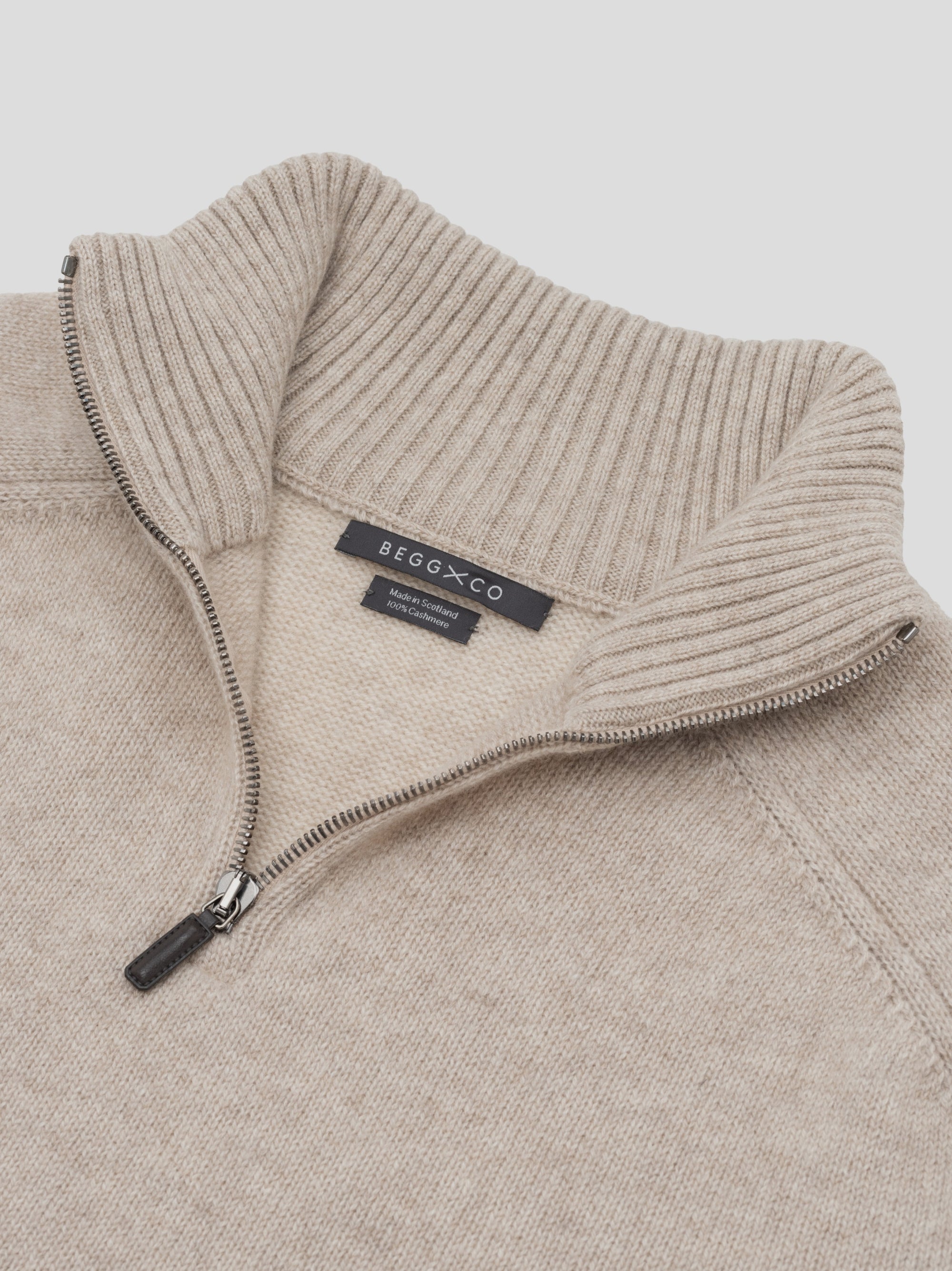 Mens Shadow Zip Cashmere Knitted Sweater Natural | Begg x Co