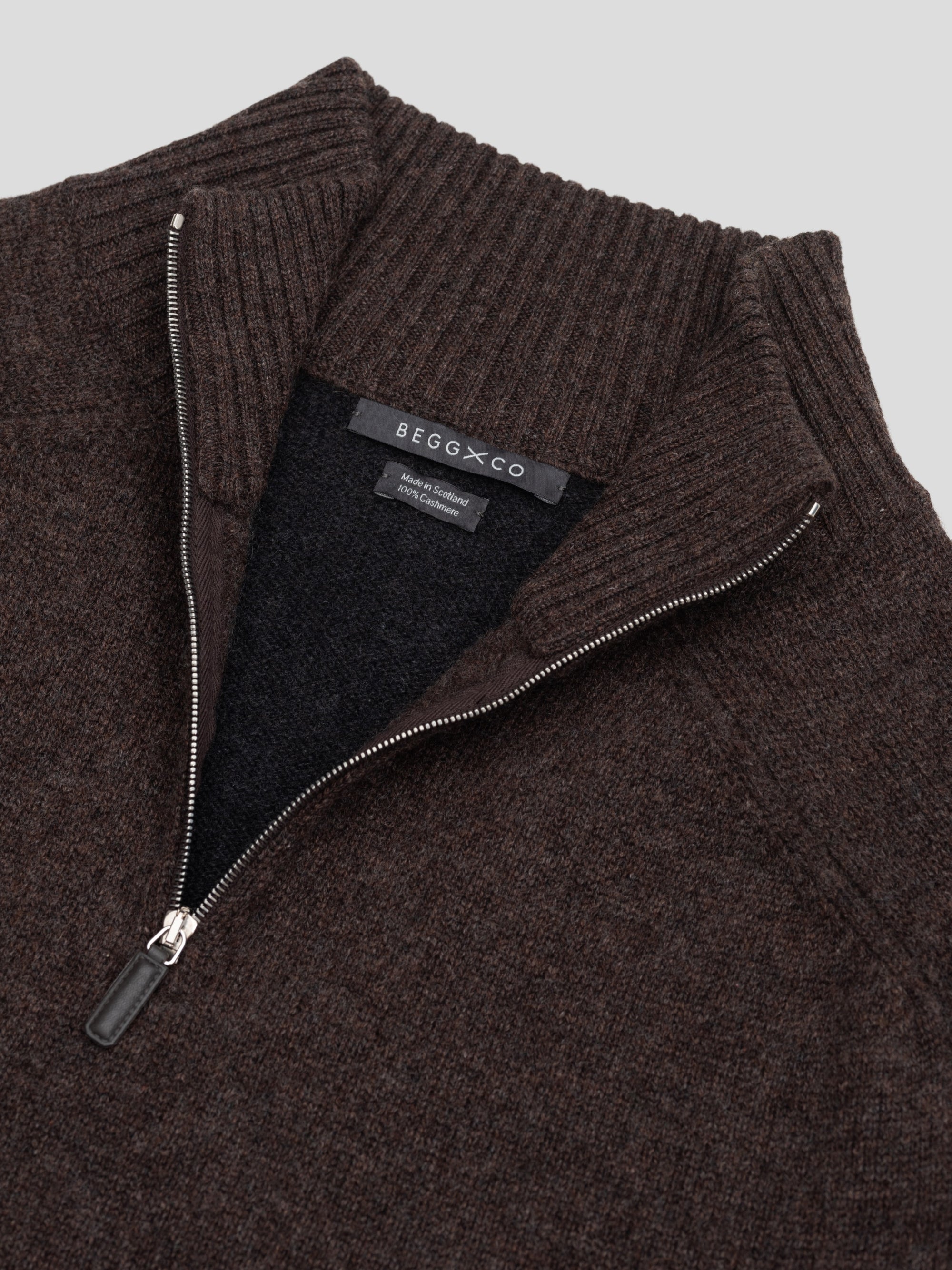 Mens Shadow Zip Cashmere Knitted Sweater Dark Brown Multi| Begg x Co