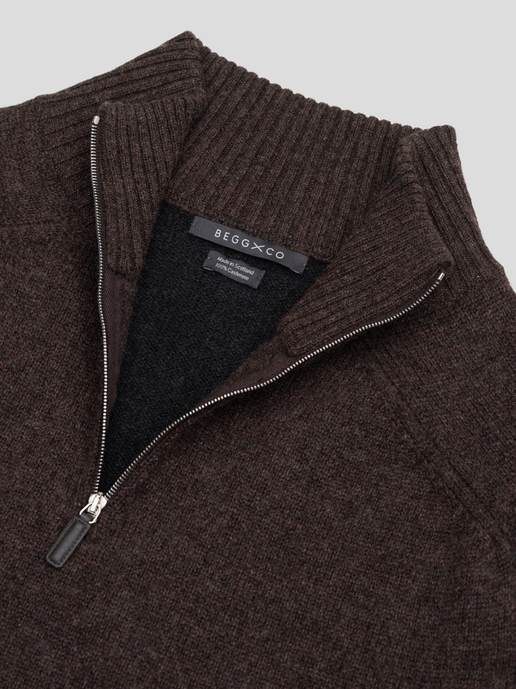 Mens Shadow Zip Cashmere Knitted Sweater Dark Brown Multi| Begg x Co