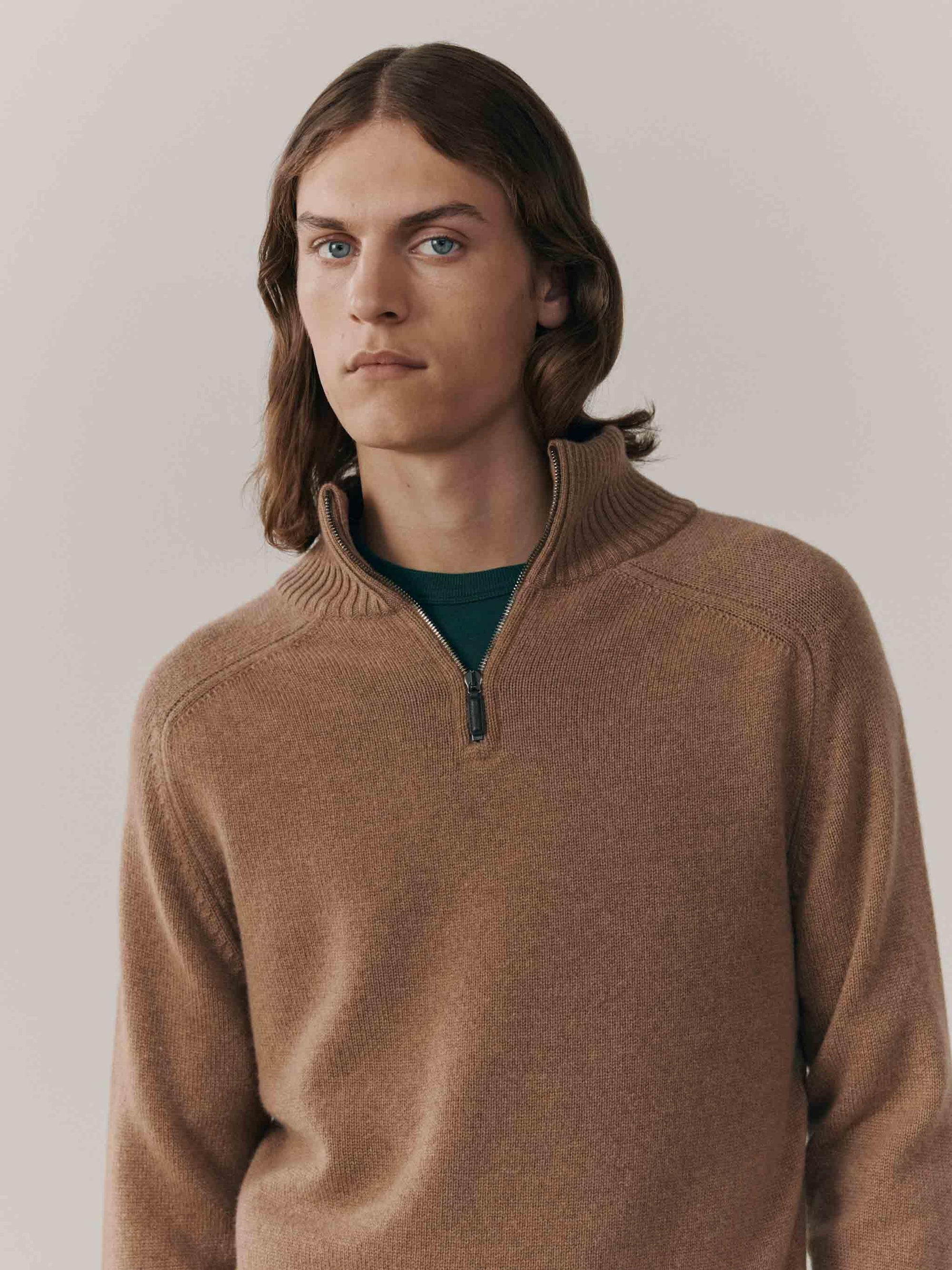 Mens Architect Zip Neck Cashmere Sweater Caramel | Begg x Co