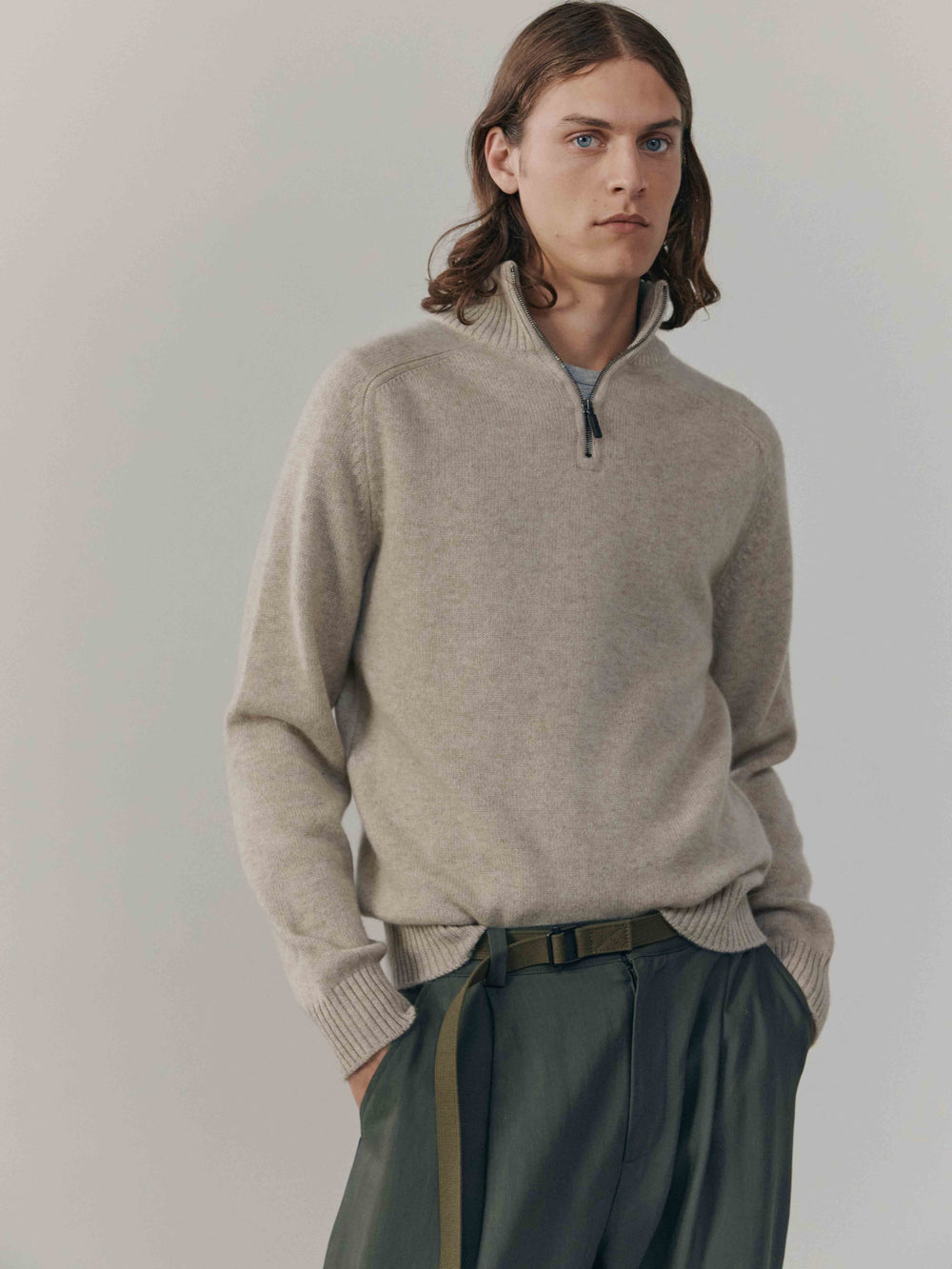 Mens Shadow Zip Cashmere Knitted Sweater Natural | Begg x Co
