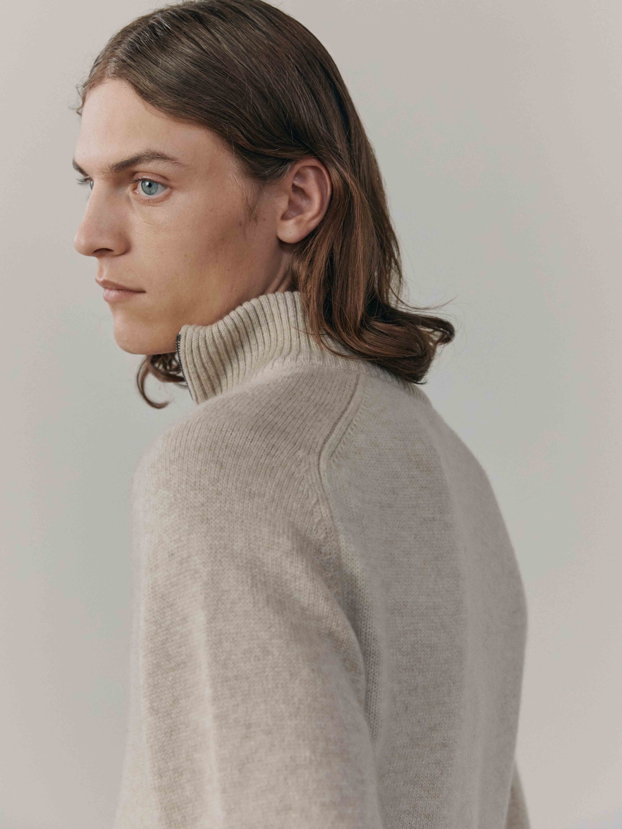Mens Shadow Zip Cashmere Knitted Sweater Natural | Begg x Co