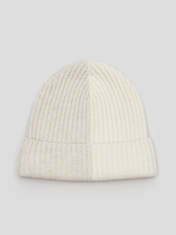Knitted Bi-Colour Cashmere Beanie Hat in Undyed/White by Begg x Co