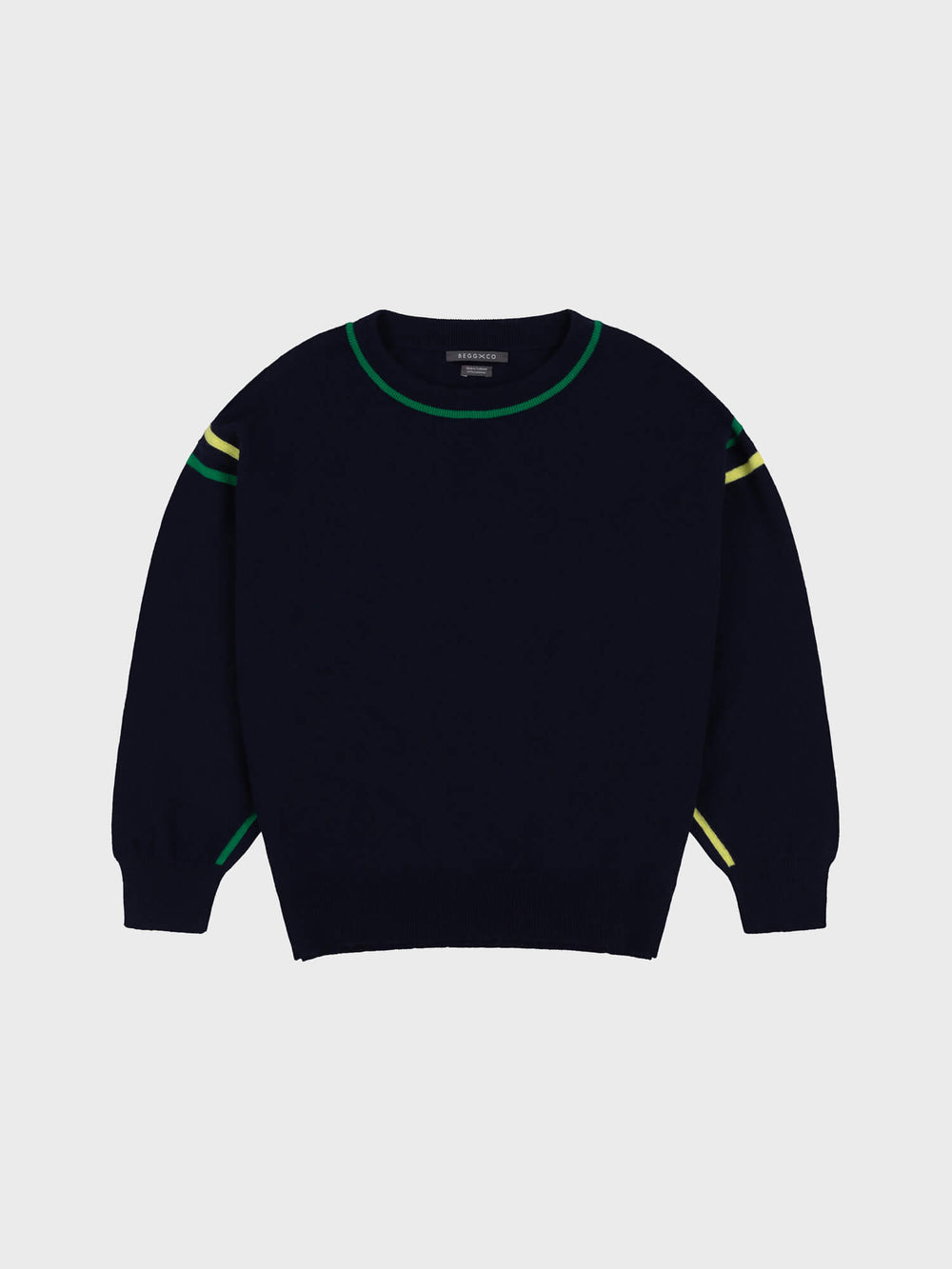 Black sweater with green and yellow accents on a light gray background