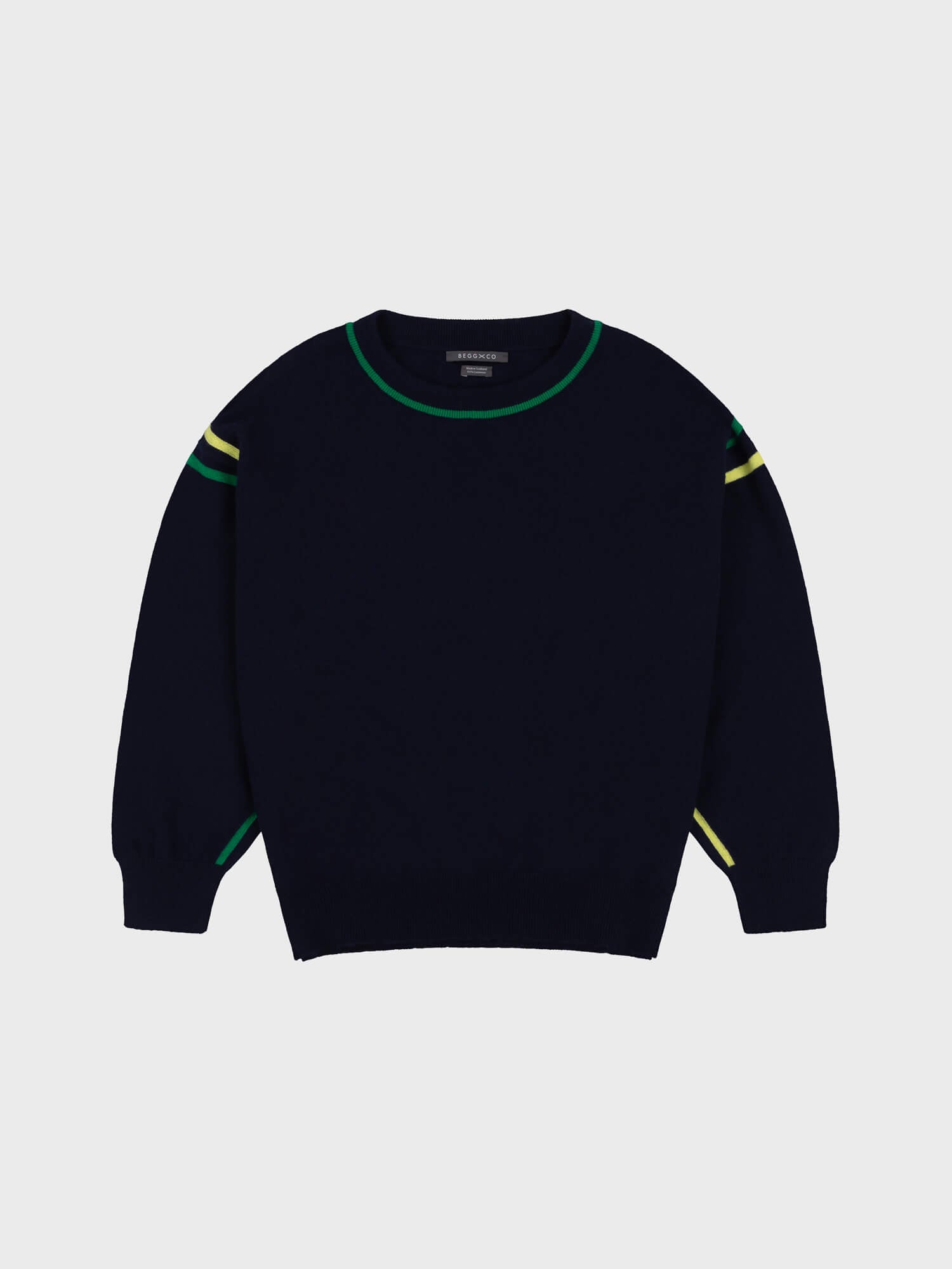 Black sweater with green and yellow accents on a light gray background