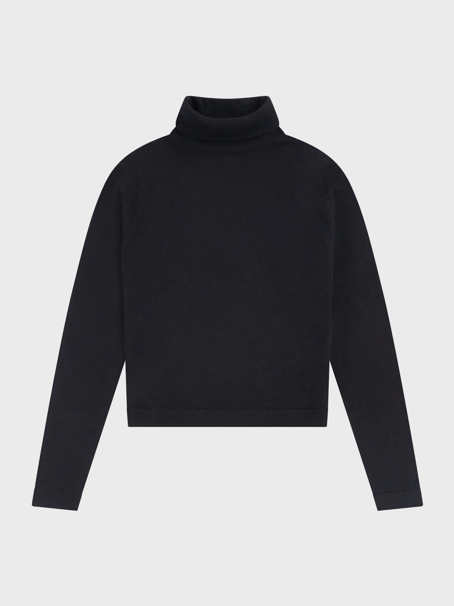 Black turtleneck sweater on a light gray background