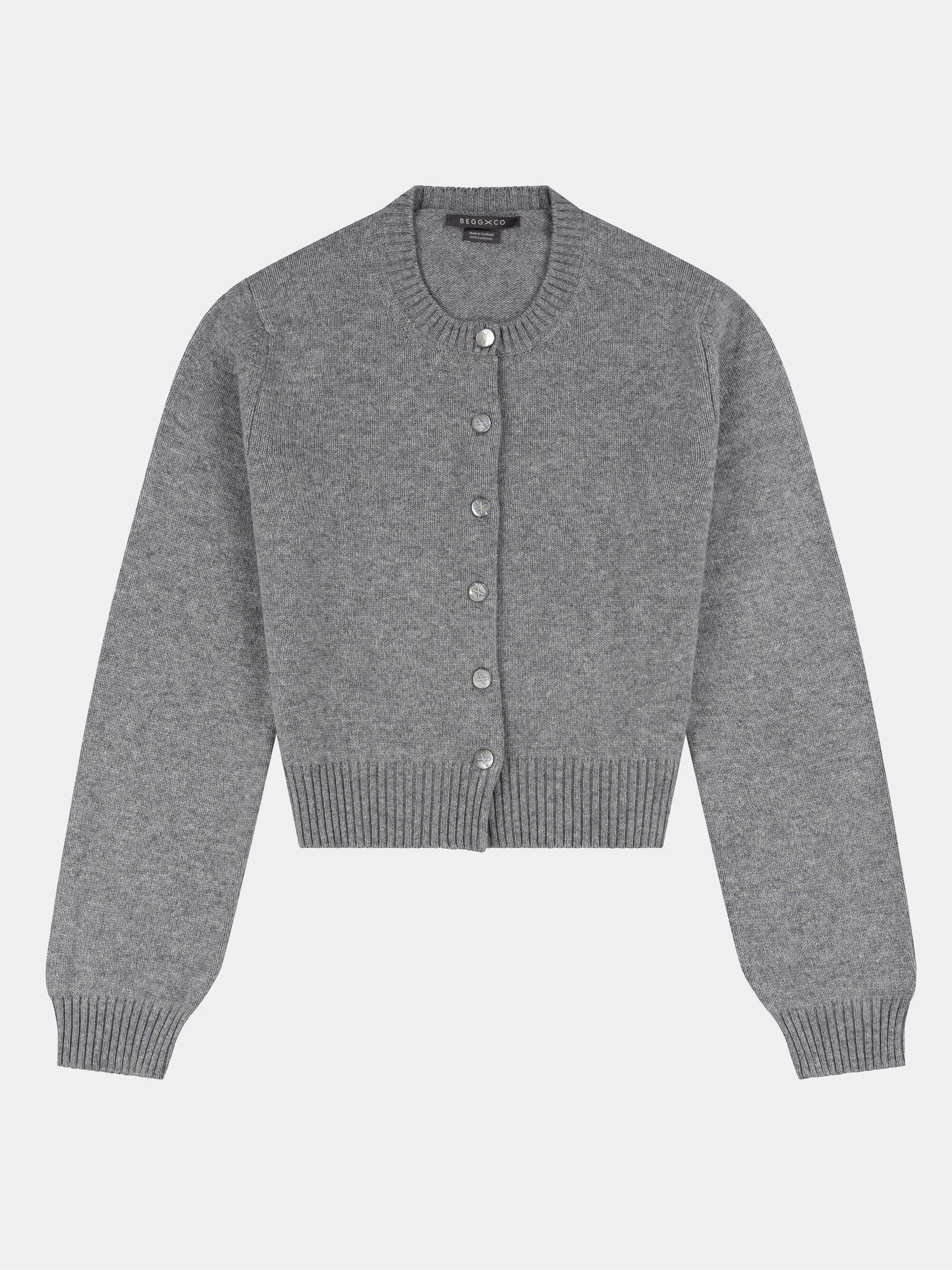 cropped flannel grey cashmere cardigan on a light grey background