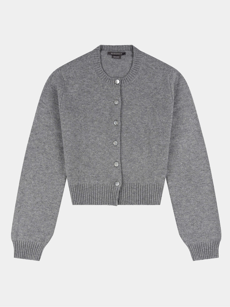 cropped flannel grey cashmere cardigan on a light grey background