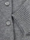 Close-up of a gray knitted cardigan with buttons on a plain background