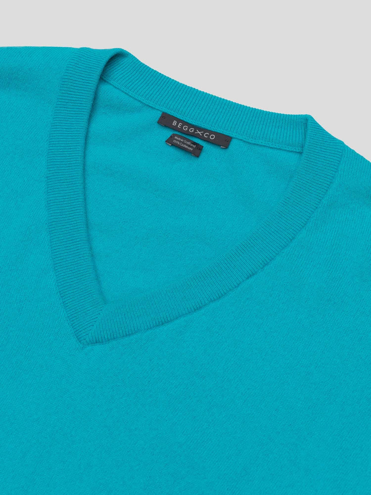 Womens Jade Knitted Cashmere V-Neck Sweater Tropical Blue - Begg x Co