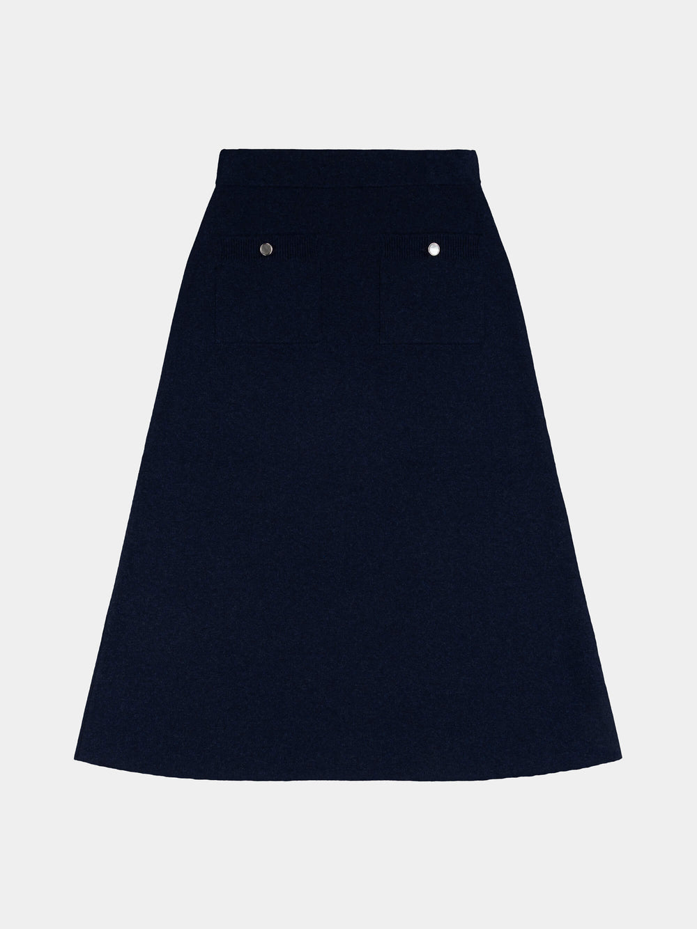 navy cashmere skirt with pearl buttons on a light gray background