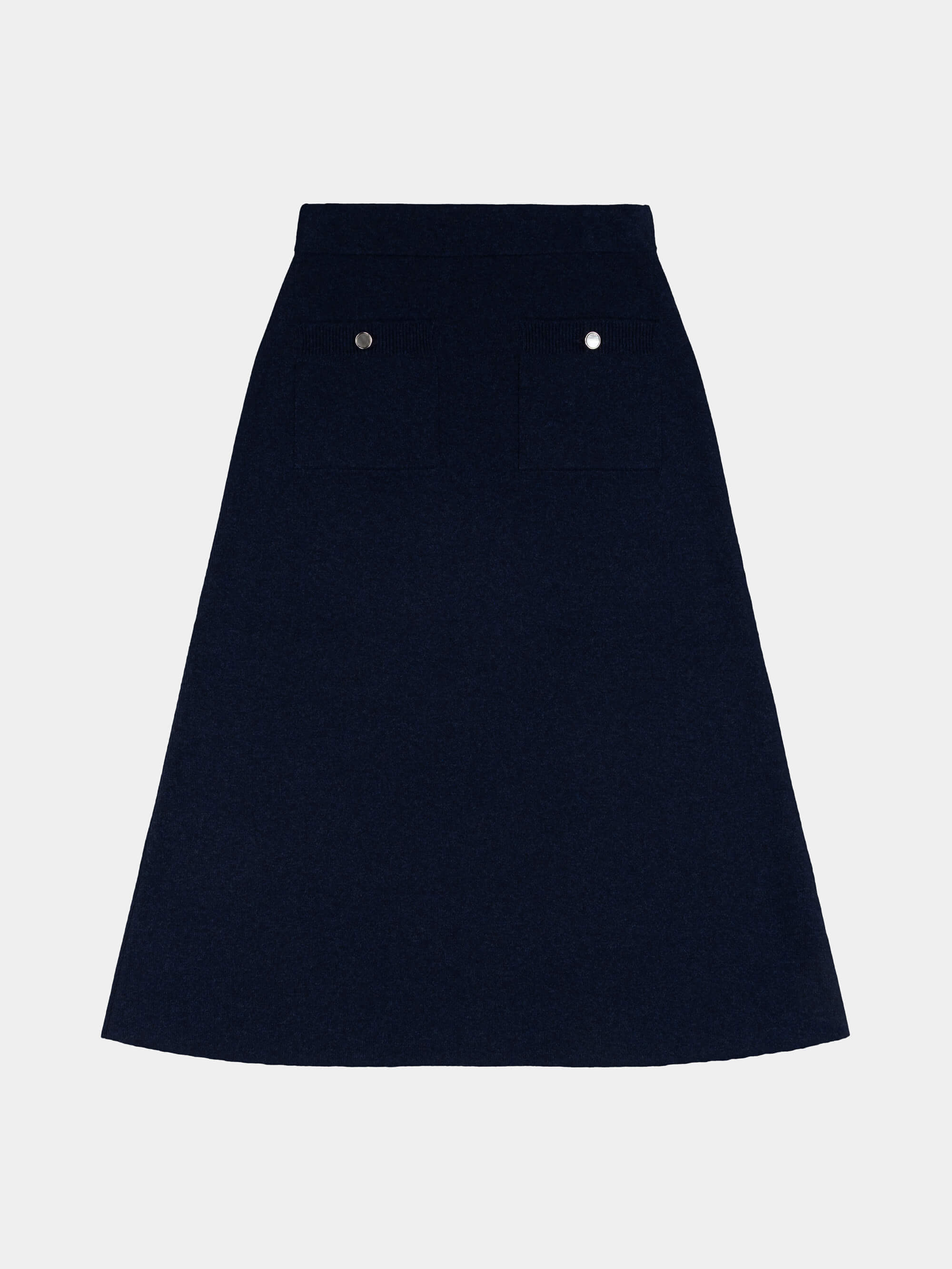 navy cashmere skirt with pearl buttons on a light gray background