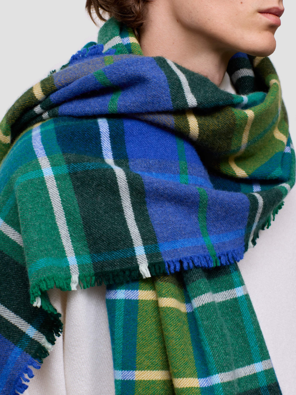 man wearing a green and blue plaid scarf on a white background