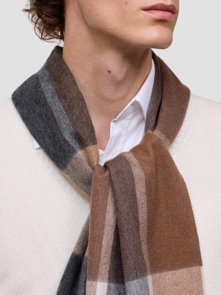 Person wearing a checkered scarf with brown, beige, and gray colors on a plain background