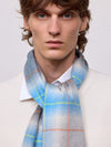 man wearing a white sweater and grey blue checked cashmere scarf on plain background