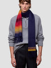 man wearing a grey zip jumper and striped navy and red cashmere scarf on plain background