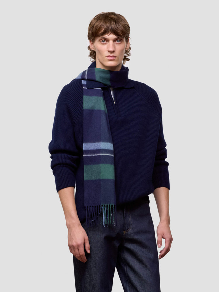 man wearing a dark blue sweater and striped scarf on a light gray background