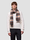 Man wearing a white sweater and plaid scarf against a light gray background