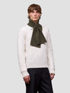 Person wearing a white sweater and dark green scarf on a plain background