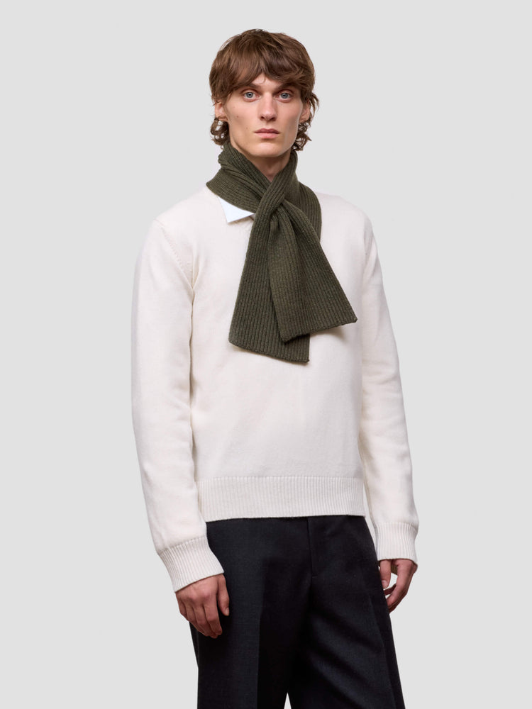 Person wearing a white sweater and dark green scarf on a plain background